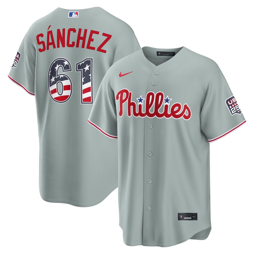 Philadelphia Phillies Nike Fourth of July Cristopher Sanchez USA 250 Stadium Baseball Jersey - Gray