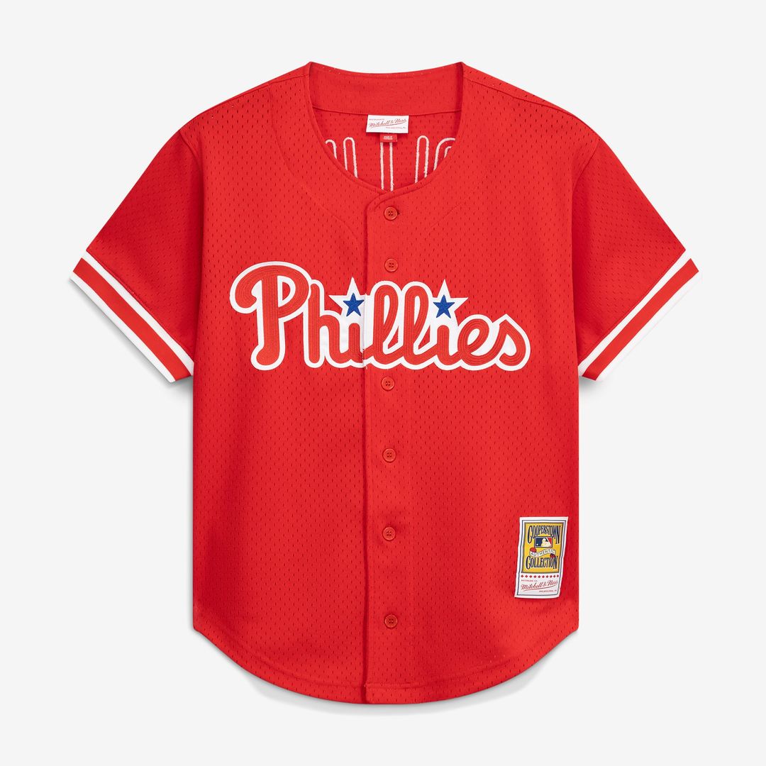 Philadelphia Phillies Mitchell & Ness Jimmy Rollins Cooperstown Mesh Batting Practice Button-Up Baseball Jersey - Red