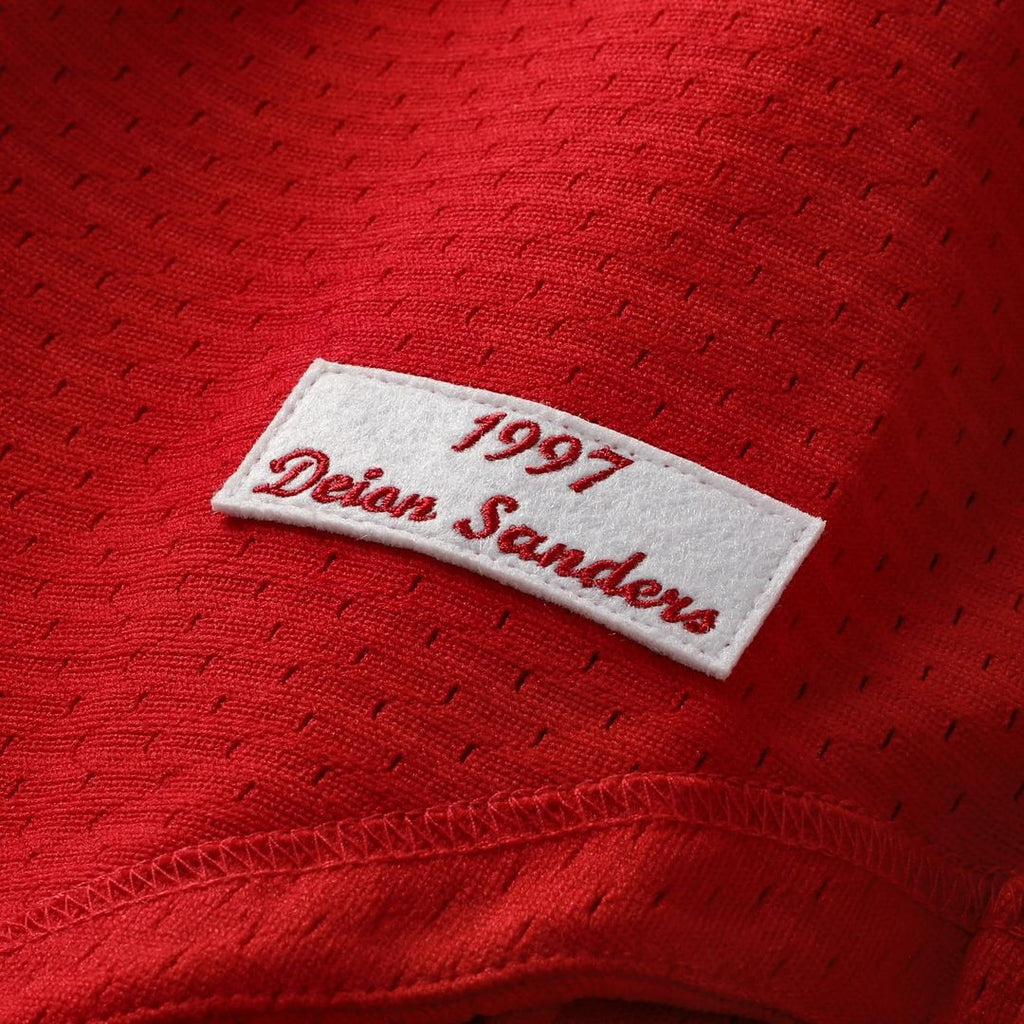 Cincinnati Reds Mitchell & Ness Deion Sanders Cooperstown Mesh Batting Practice Button-Up Baseball Jersey - Red