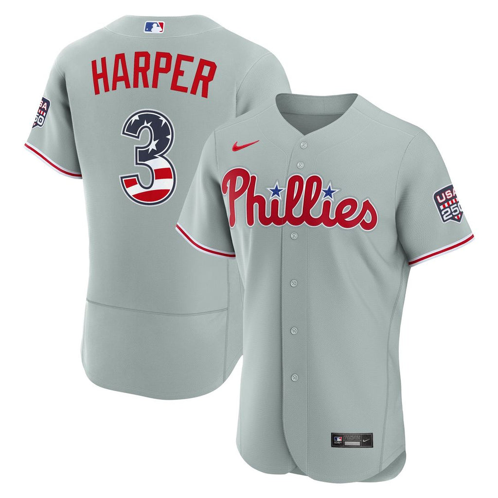 Philadelphia Phillies Nike Fourth of July Bryce Harper USA 250 Authentic Baseball Jersey - Gray