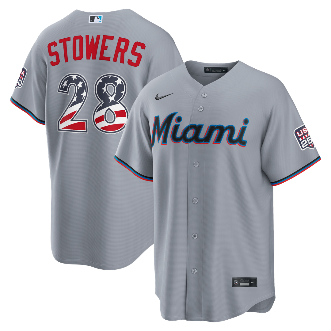Miami Marlins Nike Fourth of July Kyle Stowers USA 250 Stadium Baseball Jersey - Gray
