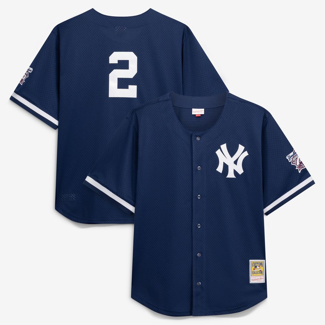 New York Yankees Mitchell & Ness Derek Jeter Cooperstown Collection Mesh Batting Practice Button-Up Baseball Jersey - Navy
