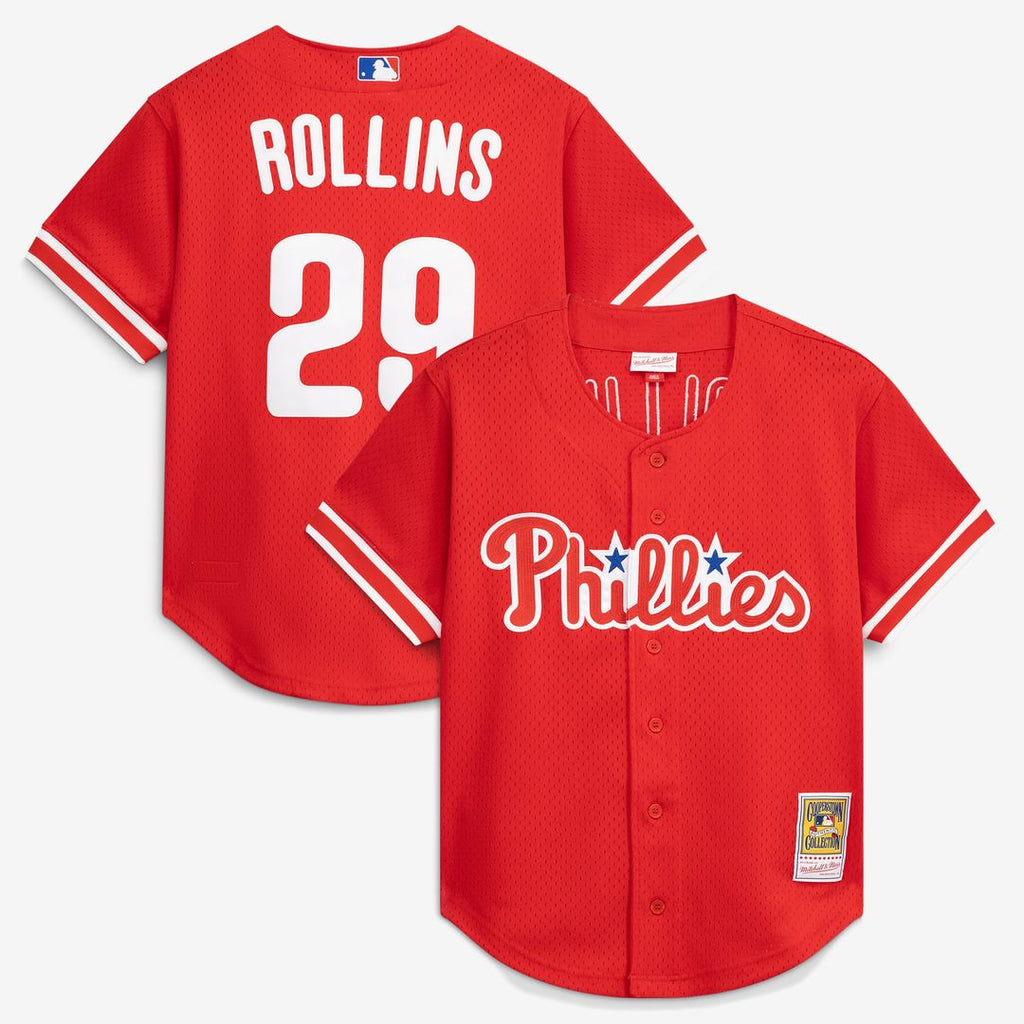 Philadelphia Phillies Mitchell & Ness Jimmy Rollins Cooperstown Mesh Batting Practice Button-Up Baseball Jersey - Red